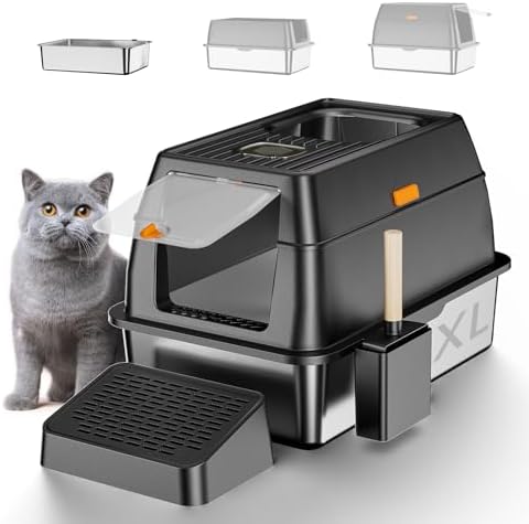 TENTIZON Stainless Steel Cat Litter Box, Extra Large Enclosed Kitty Litter Box with Removable Lid, Scoop, Pedal, XL High Sided Metal Litter Pan for Kitten, Big Cats Up to 11KG