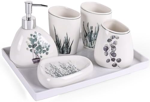 White Bathroom Accessories Set,Modern Countertop Bathroom Decor,Luxury 6 Piece Bathroom Accessory Set,Complete with Soap Dispenser,Toothbrush Holder,Tumbler,Tray