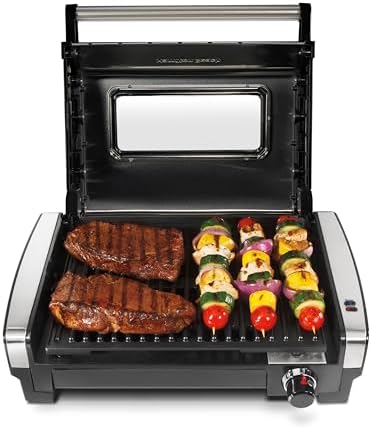 Hamilton Beach Electric Indoor Searing Grill with Viewing Window,Removable Easy-to-Clean Nonstick Plate, 6-Serving, Extra-Large Drip Tray, Stainless Steel, 25361