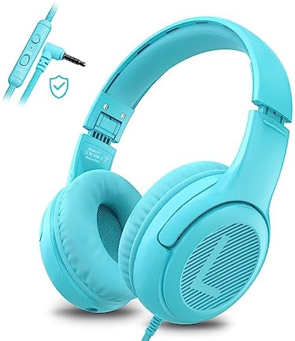 awatrue Kids Headphones with Microphone, Wired Headphones for Kids 85/94dB Safe Volume Limit, Over Ear Headsets, Boys Girls Childrens Headphones for School/Travel/Fire Tablet/BlueOrange