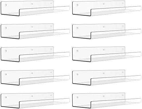upsimples Clear Acrylic Shelves for Storage, 15" Floating Shelves Wall Mounted for Kids Bookshelf/Display Ledge for Bedroom, Living Room, Bathroom, Kitchen, Set of 4