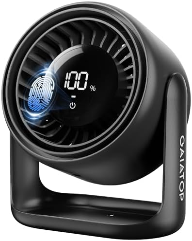 Gaiatop 7.7-Inch Rechargeable Desk Fan with Touch Control – Ultra Quiet USB-C Desktop Fan with 4000mAh Battery, 5 Speeds, LED Display & 90° Adjustable Tilt - PuriLite