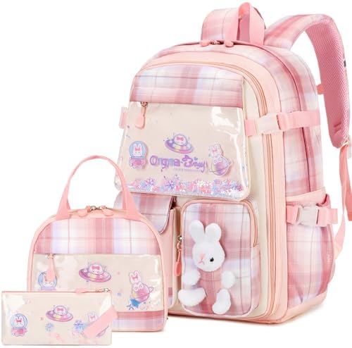 FIXITOK Girls Backpack Set, 3PCS Kids Backpack for Girls, Kawaii Bunny School Backpacks for Girl Kindergarten Elementary Preschool Middle School Bags with Lunch Box Pencil Case Aquamarine