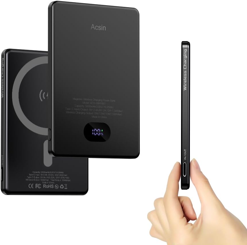 Acsin Magnetic Portable Charger Ultra Slim 5000mAh Battery Pack,Wireless Power Bank with LED Display 20W Two Way USB-C Charging for iPhone 16/16 Pro/16 Pro Max/15/14/13/12 Series (Black)