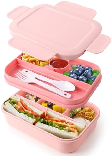 Bento Box Adult Lunch Box -2000 ML Stackable Bento Lunch Box Container with 8 Compartments,Leak-Proof Lunch Containers,Built-in Sauce Container,Utensils,Microwave/Dishwasher/Freezer - Pink