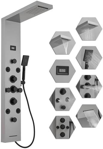 Bathfinesse Shower Tower Bathroom Shower Panel System Rain Massage System 6 in 1 Body Spray Jets Shower Wall Panels Rainfall Waterfall Shower Head Tub Spout with Temperature Display,Matte Black