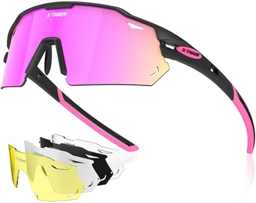 X-TIGER Polarized Cycling Glasses with 5 Interchangeable Lenses,MTB Biking Baseball Running Sports Sunglasses for Men Women