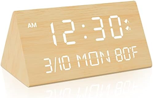 Kogonee Wooden Digital Alarm Clock, 0-100% Dimmer, 2 Alarm Settings, Weekday/Everyday Mode, 9 Mins Snooze, 12/24H, Temperature and Date Display for Office, Travel, Bedroom Alarm Clock (White)