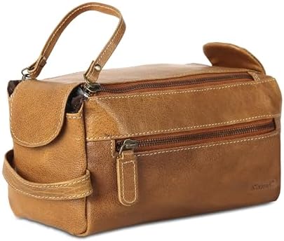 Premium Buffalo Leather Unisex Toiletry Bag Travel Dopp Kit Shaving kit (Distressed Tan)