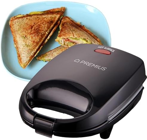 PREMIUS Ceramic NonStick Mini Snack Sandwich Maker, Indicator Light, 5x4.4 Inch Mold, Great for French Toast, Tuna Melt, Egg & Grilled Cheese, Pancake Sandwich, Desserts, Toasties, 520 W (Red)