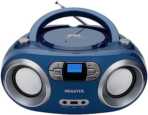 MEGATEK Portable CD Player Boombox with FM Radio, Bluetooth, USB Port, AUX Input, and Headphone Jack – CD-R/CD-RW/MP3-CD Compatible, Clear Stereo Sound, Backlit LCD Display – Black