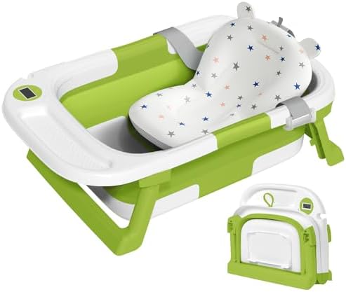Collapsible Baby Bathtub,Baby Bath Tub with Thermometer & Soft Cushion,Baby Bathtub for Newborn to Toddler 0-36 Months,Portable Travel Baby Tub with No-Slip Feet,Baby Shower Gifts,Pink