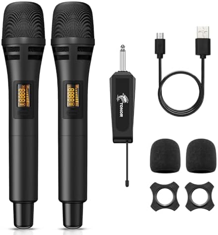 TONOR Wireless Microphones, UHF Dual Karaoke Microphone System, Microfonos Inalambricos with Rechargeable Receiver, Cordless Dynamic Mic for Singing, Wedding, DJ, Party, Speech TW320 Grey