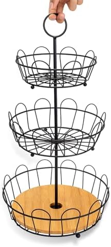 3-Tier Farmhouse Fruit Basket Stand, Wire Fruit Vegetables Countertop Storage Rack, Multifunctional Detachable Bread Snack Holder Bowl for Kitchen and Bathroom Organization - Black