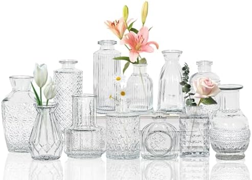 Sawoake Mini Bud Vases As Wedding Centerpieces for Tables,Clear Bud Vases for Flowers,Small Flower Vases Suitable for Birthday Party,Anniversary,Wedding Reception,Baby Shower (Clear-12PCS)