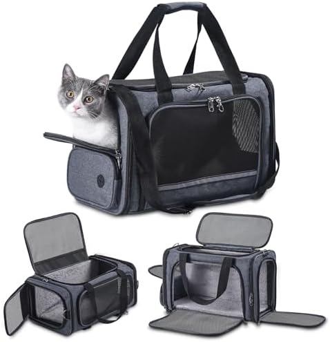 Cat Carrier Pet Travel Carrier by Airplane Approved Under seat, TSA Airline Approved Soft-Sided Carrier Bag for cat,Dogs,17.5 x 8.5 x 11 inches,Grey