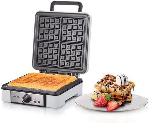 FOHERE Waffle Maker, 4-Slice Waffle Iron, Square Belgian Waffle Maker, with 5 Browning Levels, Non-Stick Plates, Indicator Lights, Cool Touch Handle, Recipe, 1200W (White)