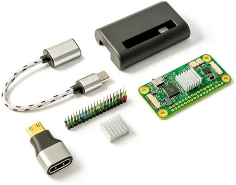 Pi Zero 2 W Base Kit - Includes Official Raspberry Pi Zero 2 W, Aluminum Alloy Mini HDMI to HDMI Adapter, Glossy Black Case, Heat Sink, Color-Coded 20-Pin GPIO Header, and Micro USB OTG Cable