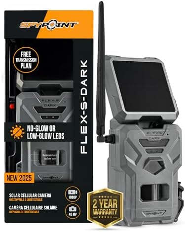SPYPOINT Flex-S Dark Ultimate Pack Solar Outdoor Cellular Trail Camera - Integrated Solar Panel, No WiFi Needed, Night Vision Motion Activated, Dual-Sim LTE, 40MP Photos and 1080p w/Sound