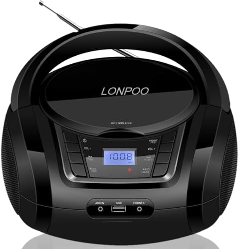 LONPOO Portable CD Player | Stereo Bluetooth Boombox | FM Radio Turn Knob | Auto Lid Open Button | Big LCD Display | Concealed Ports of USB/AUX/Earphone | Rear Power Protection Button (LP-D12)