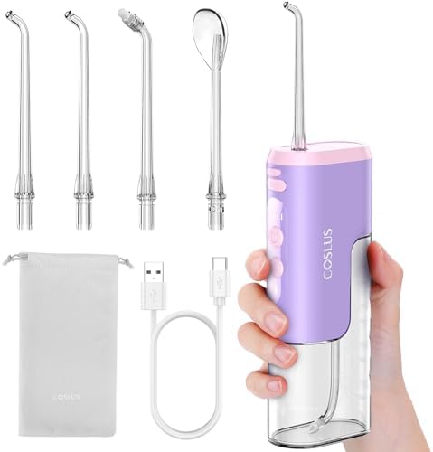 COSLUS Water Portable Flosser for Travel: Cordless Mini Flossers For Travel Quick Clean, 4 Modes & Removable Tank for Family, Nozzle Storage, Compact Design One The Go Use, IPX7 Waterproof, Pink