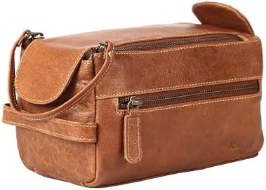 Premium Buffalo Leather Unisex Toiletry Bag Travel Dopp Kit Shaving kit (Distressed Tan)