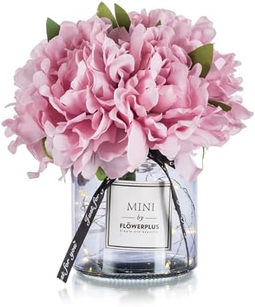 BLOSMON White Fake Flowers with Vase: Small Coffee Table Decor Bathroom Hydrangea Faux Flowers in Vase Office Desk Shelf Home Living Room Bedroom Vanity nightstand Decorations Floral Arrangement