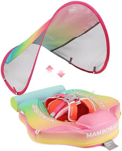 Mambobaby Baby Swim Float with Canopy, Non-Inflatable Solid Baby Float, Upgrade Soft Skin-Friendly Material Infant Swim Float