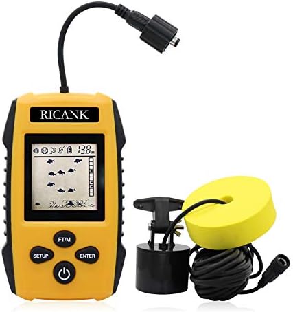 RICANK Portable Fish Finder, Handheld Fish Depth Finder Contour Readout Fishfinder Ice Kayak Shore Boat Fishing Fish Detector Device with Sonar Sensor Transducer and LCD Display Gear Fish Depth Finder