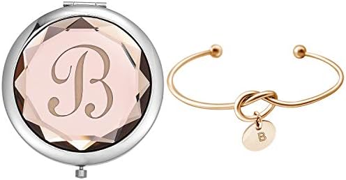 Compact Crystal Pocket Makeup Mirrors Set - Letter Mirror and Love Knot Bracelets for Bachelorette Party, Bridesmaid Proposal, Wedding Gifts (Champagne-B)