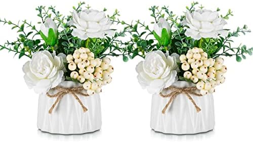 BLOSMON White Fake Flowers with Vase: Small Coffee Table Decor Bathroom Hydrangea Faux Flowers in Vase Office Desk Shelf Home Living Room Bedroom Vanity nightstand Decorations Floral Arrangement