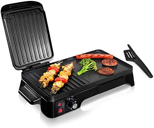 NutriChef Electric Griddle - Dual Hot Plate Cooktop Crepe Maker with Press Grill, Nonstick Coating, Rotary Temperature Control, Plug-in Operation & Oil Tray for Kitchen & Countertop (PKGRIL43)