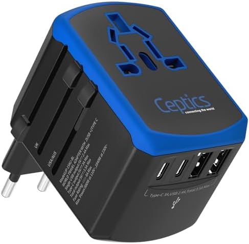 Ceptics Universal Travel Adapter kit, Dual USB (QC 3.0) + 2 US outlets + USB-C Cable, Use with Chargers, Cell Phones, Laptops, 6 Plug attachments for Worldwide use (Does Not Convert Voltage) (WPS-2B)