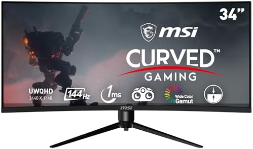 MSI Optix MAG342CQR 1500R Curvature 21:9 Aspect Ratio Narrow Bezel 1ms 3440x1440(UWQHD) 144Hz Refresh Rate Tilt/Swivel/Height/Pivot Adjustment 34" AMD Freesync Gaming Curved Monitor, Black, Pack of 1