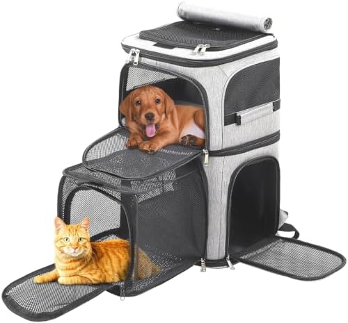Pet Backpack Carrier Double-Compartment, Portable Pet Cat Carrier Travel for 2 Small Cats or Dogs, Breathable Large Size Cat Carrier Backpack, Perfect for Travel/Hiking/Camping/Walking Outdoor, Grey
