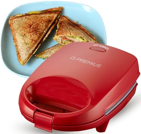 PREMIUS Ceramic NonStick Mini Snack Sandwich Maker, Indicator Light, 5x4.4 Inch Mold, Great for French Toast, Tuna Melt, Egg & Grilled Cheese, Pancake Sandwich, Desserts, Toasties, 520 W (Red)