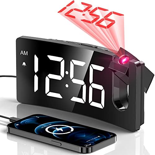 GOLOZA Projection Alarm Clock, Digital Clock with Modern Curved Design 180° Rotatable Projector, 3-Level Brightness Dimmer, Clear Blue LED Display, Progressive Volume, 9mins Snooze,12/24H, for Bedroom