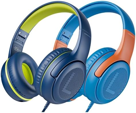 awatrue Kids Headphones with Microphone, Wired Headphones for Kids 85/94dB Safe Volume Limit, Over Ear Headsets, Boys Girls Childrens Headphones for School/Travel/Fire Tablet/BlueOrange
