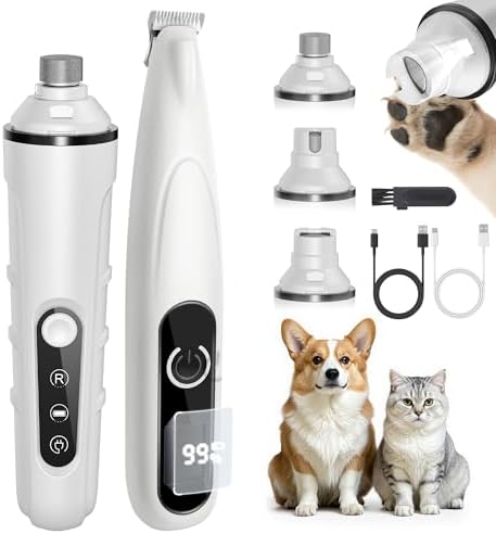 PAPMINI 2 in 1 Dog Nail Grinder Quiet and Dog Paw Trimmer, Rechargeable Electric Dog Nail Trimmer for Large Medium Small Dogs, Cordless Dog Hair Clippers for Paws, Ears, Eyes, Rump (White)