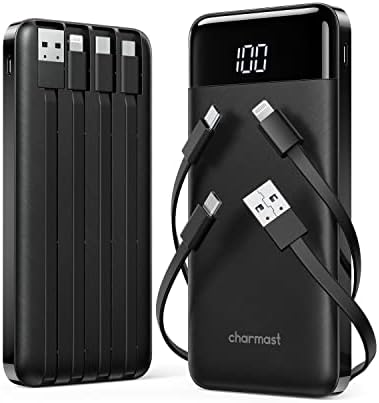 Charmast 2 Pack of Portable Chargers with Built in Cables, 2PCS Slim 10000mAh Travel Essentials Battery Pack 6 Outputs 3A Power Banks for iPhone Samsung Pixel LG Moto iPad (Black + White)