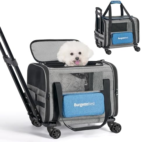BurgeonNest Cat Carrier with Wheels, Airline Approved Pet Carrier for Cats Dogs 15 lbs, Grey and Blue, 18"L x 11"W x 11"H