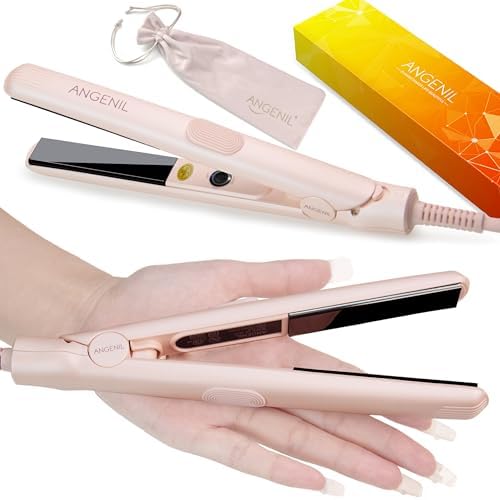 ANGENIL Pro Titanium Flat Iron Hair Straightener, Dual Voltage Straightening and Curling Iron in One, 15s Fast Heating, Negative Ion Round Pink Hair Straightener with Heat Resistant Silicone Mat Pad