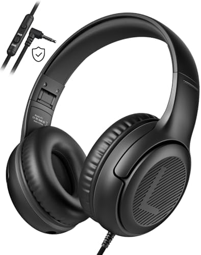 awatrue Kids Headphones with Microphone, Wired Headphones for Kids 85/94dB Safe Volume Limit, Over Ear Headsets, Boys Girls Childrens Headphones for School/Travel/Fire Tablet/BlueOrange