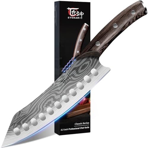 SYOKAMI Meat Cleaver Chef Knife, 7.7 Inch Multifunction Butcher Knife with Herb Stripper and Sheath, Chinese Cleaver Heavy Duty Bone Chopper, Meat Cutting, Damascus Pattern Full Tang Wood Handle - PuriLite