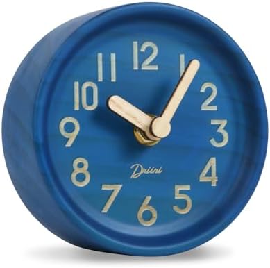 Driini Wooden Analog Desktop Clock – 4.3 in. Decorative Pinewood Clock, No-Tick Design – Easy to Read Silent Sweep Mantle Clock – Quiet Tabletop Clocks with Wood Body, Hands, & Battery Cover; Blue