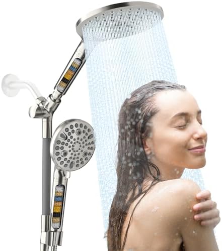 JONKEAN 7.5" Big Filtered Double Shower Head for Hard Water, Dual Shower Heads with Handheld Spray Combo, 9 Modes Waterfall Rain Shower Head High Pressure with Long Hose & Adjustable Bar(Matte Black)