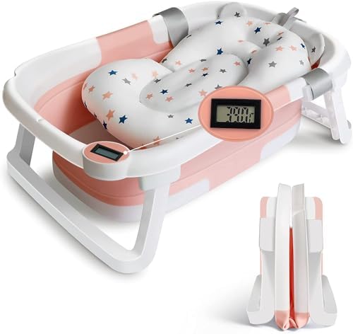 Befol Collapsible Baby Bathtub for Infants to Toddler, Portable Travel Bathtub Multifunctional Bathtub with Drain Hole, Baby Folding Bathtub for Newborn 0-36 Month (Blue+Floating Baby Bath Cushion Pink