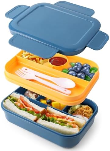 Bento Box Adult Lunch Box - 2000 ML Stackable with 8 Compartments, Leak-Proof, Built-in Sauce Container, Utensils, Microwave/Dishwasher/Freezer Safe - Blue