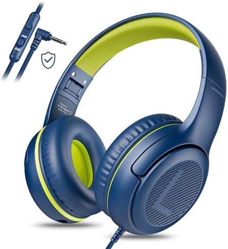 awatrue Kids Headphones with Microphone, Wired Headphones for Kids 85/94dB Safe Volume Limit, Over Ear Headsets, Boys Girls Childrens Headphones for School/Travel/Fire Tablet/BlueOrange