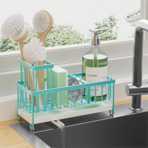 Cisily Sponge Holder for Kitchen Sink, Sink Caddy with High Brush Holder, Organzier Rustproof 304 Stainless Steel Dish Organizer Divider, Soap Dispenser Storage (Black)